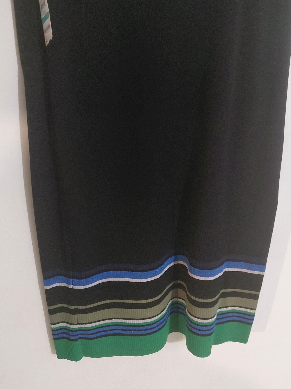 Black Midi Skirt with Green and Blue Stripe Hem